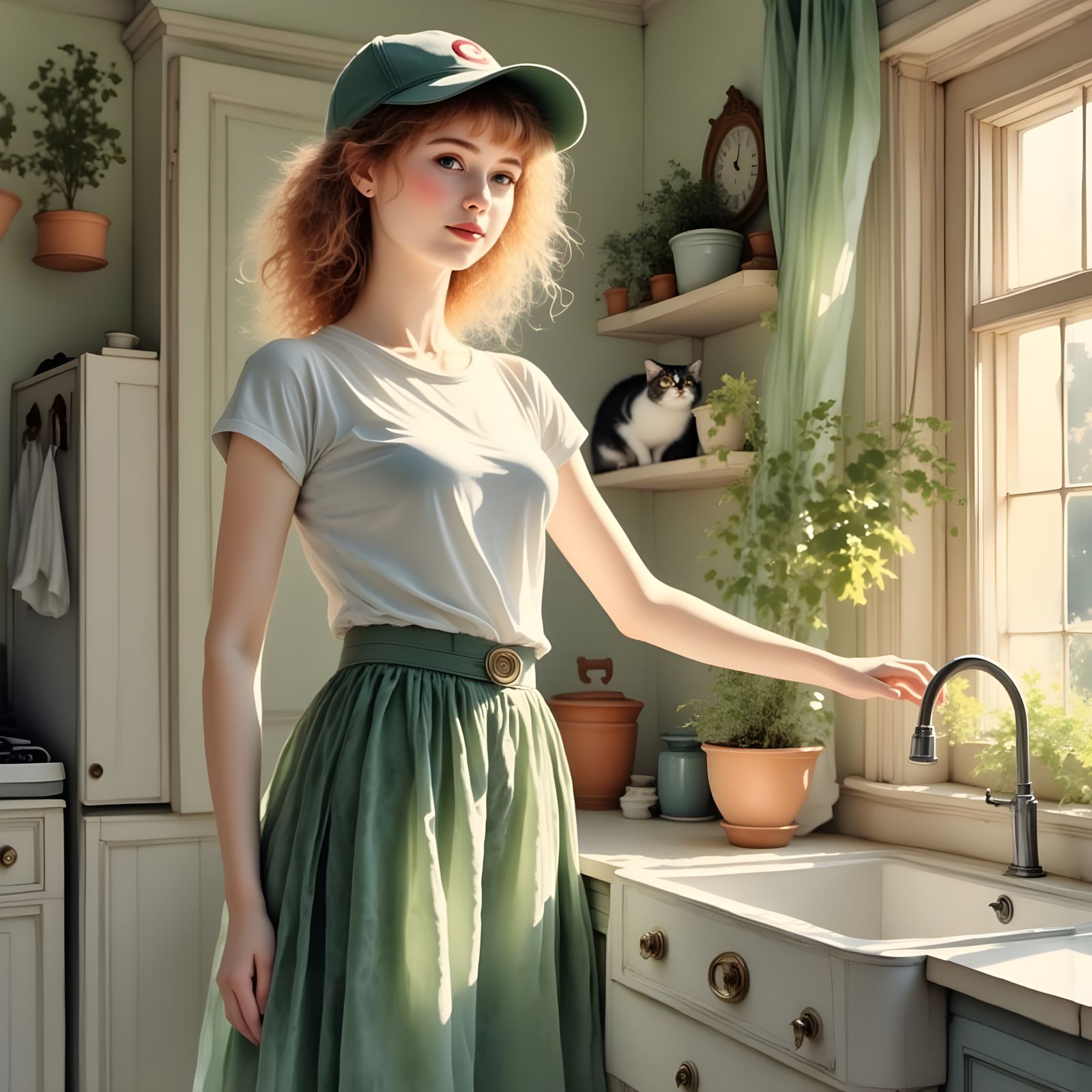 Woman in a Cheerful Kitchen Scene, Inspired by Watercolor Ar...