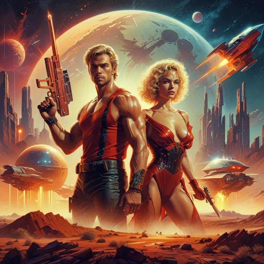 Retro Sci-Fi Duo on Mars: 80s Movie Poster