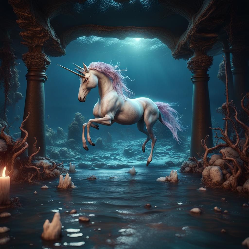 Macabre Unicorn in a Beautiful Ocean Scene
