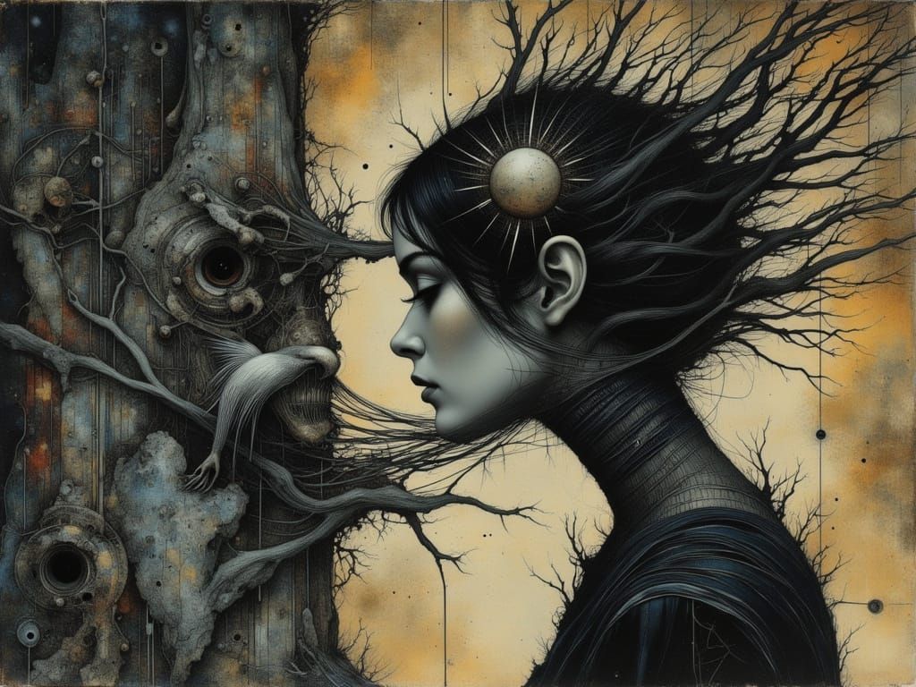 Gothic Woman in Forest at Sunset, Pop Art Style