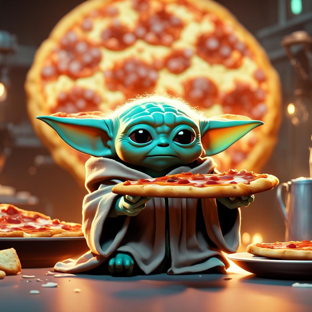 Baby Yoda's Pizza Feast: Hyperdetailed Concept Art