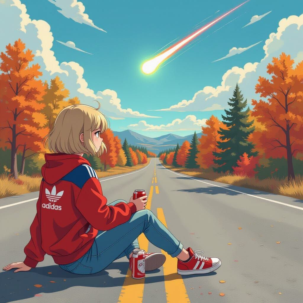 Anime Girl Watches Meteorite in Vibrant Autumn Scene