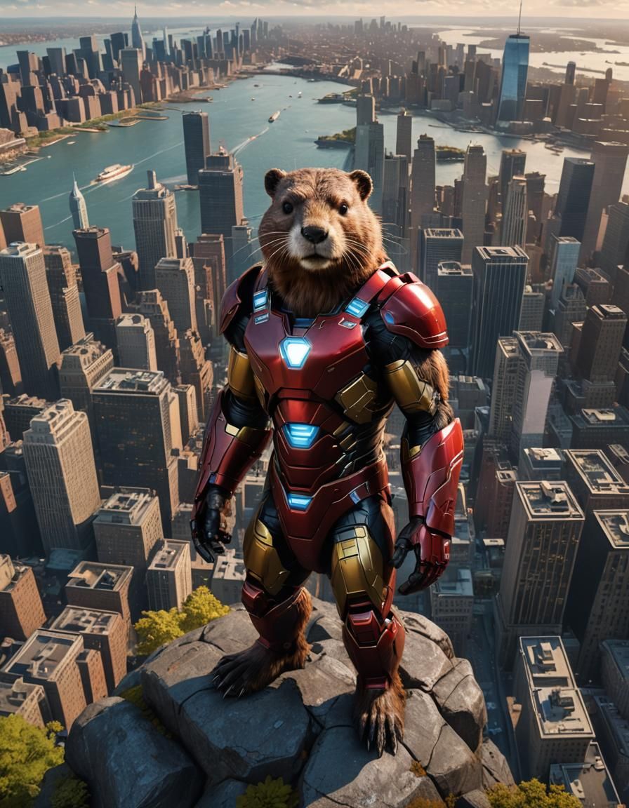Beaver as Iron Man in New York, Digital Art