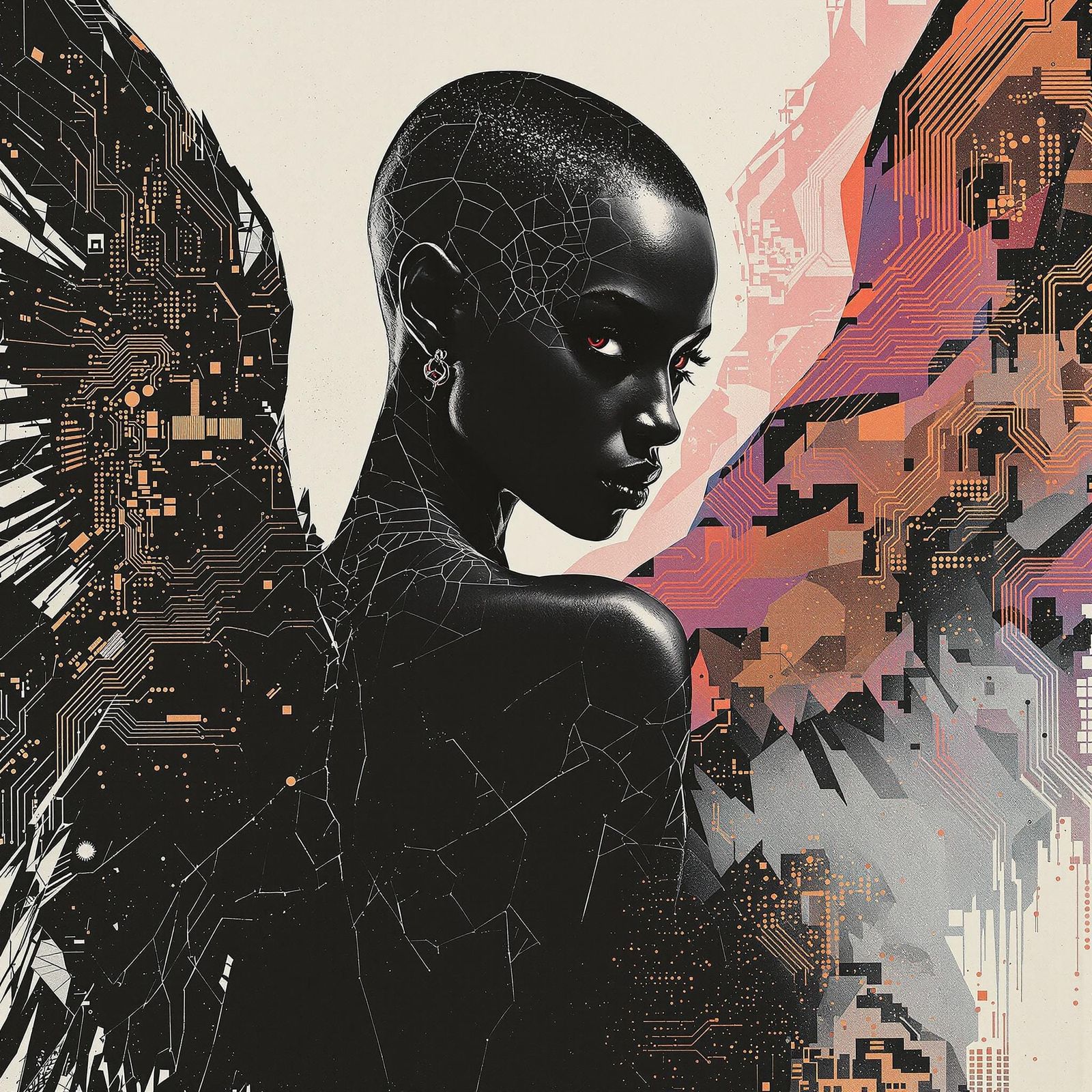 Powerful Woman with Digital Wings in Photogravure