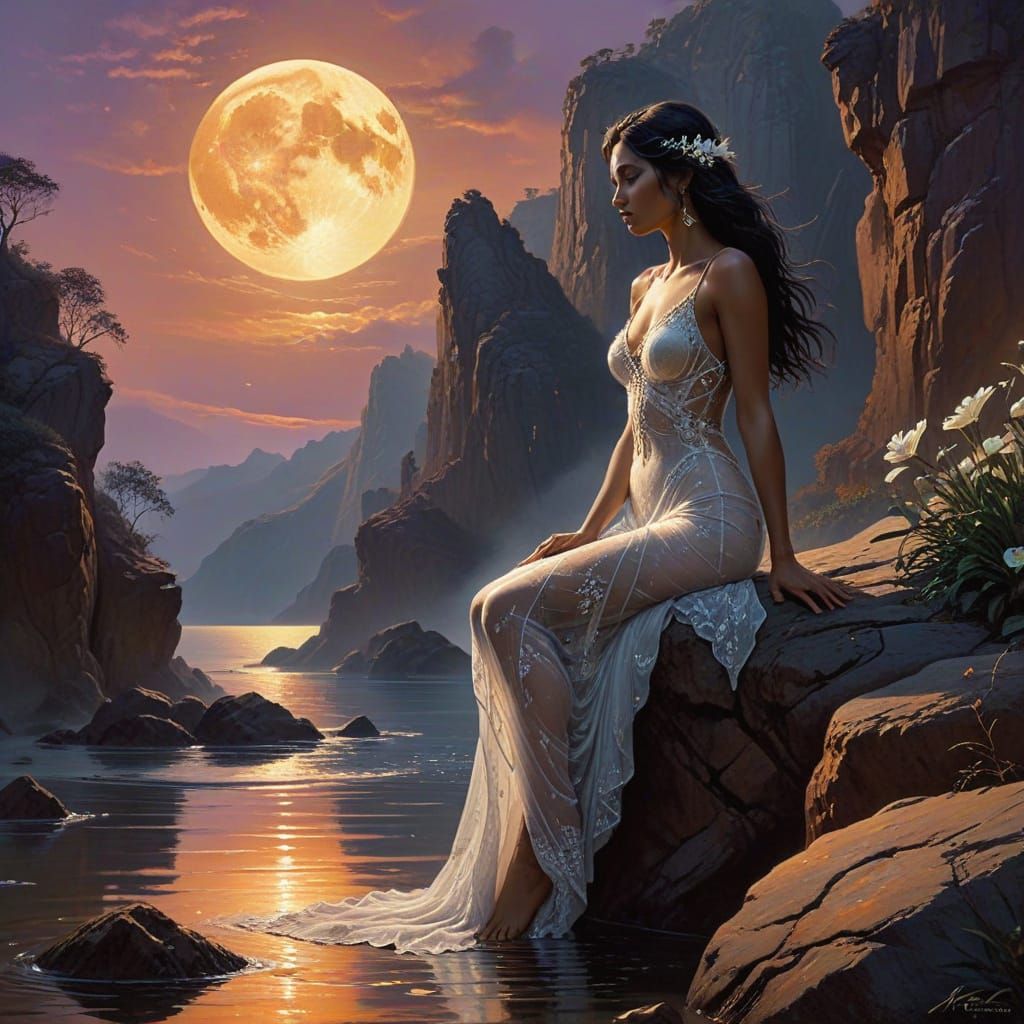 Naga Woman by Moonlit Ocean in Photo-Realistic Style