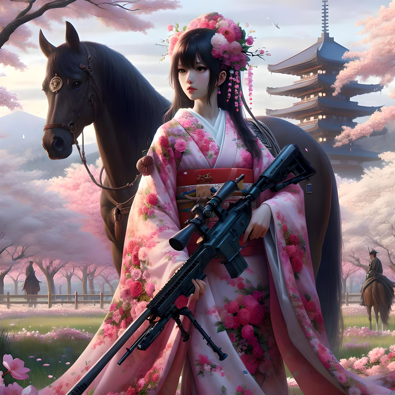 Kimono-clad Woman with Rifle in Cherry Blossom Field