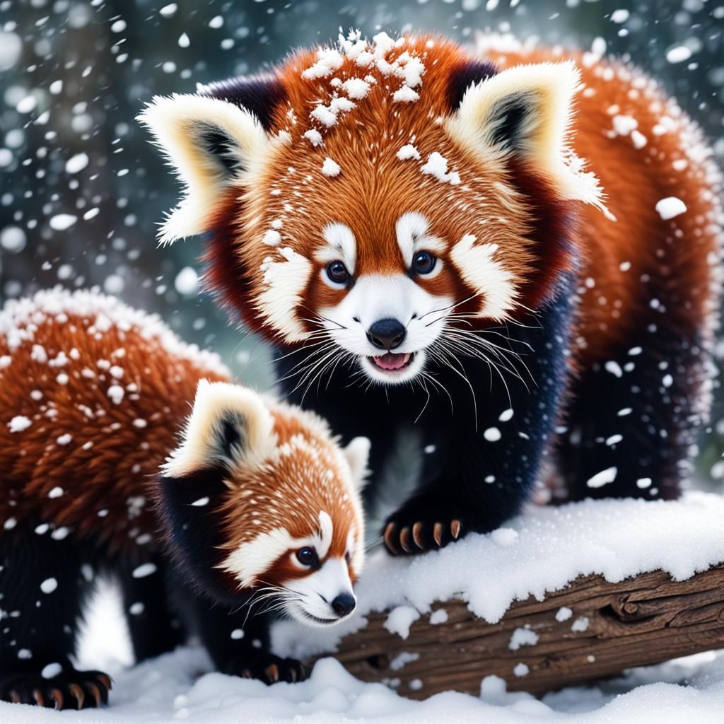Cute Red Panda Cubs Playing in Snow