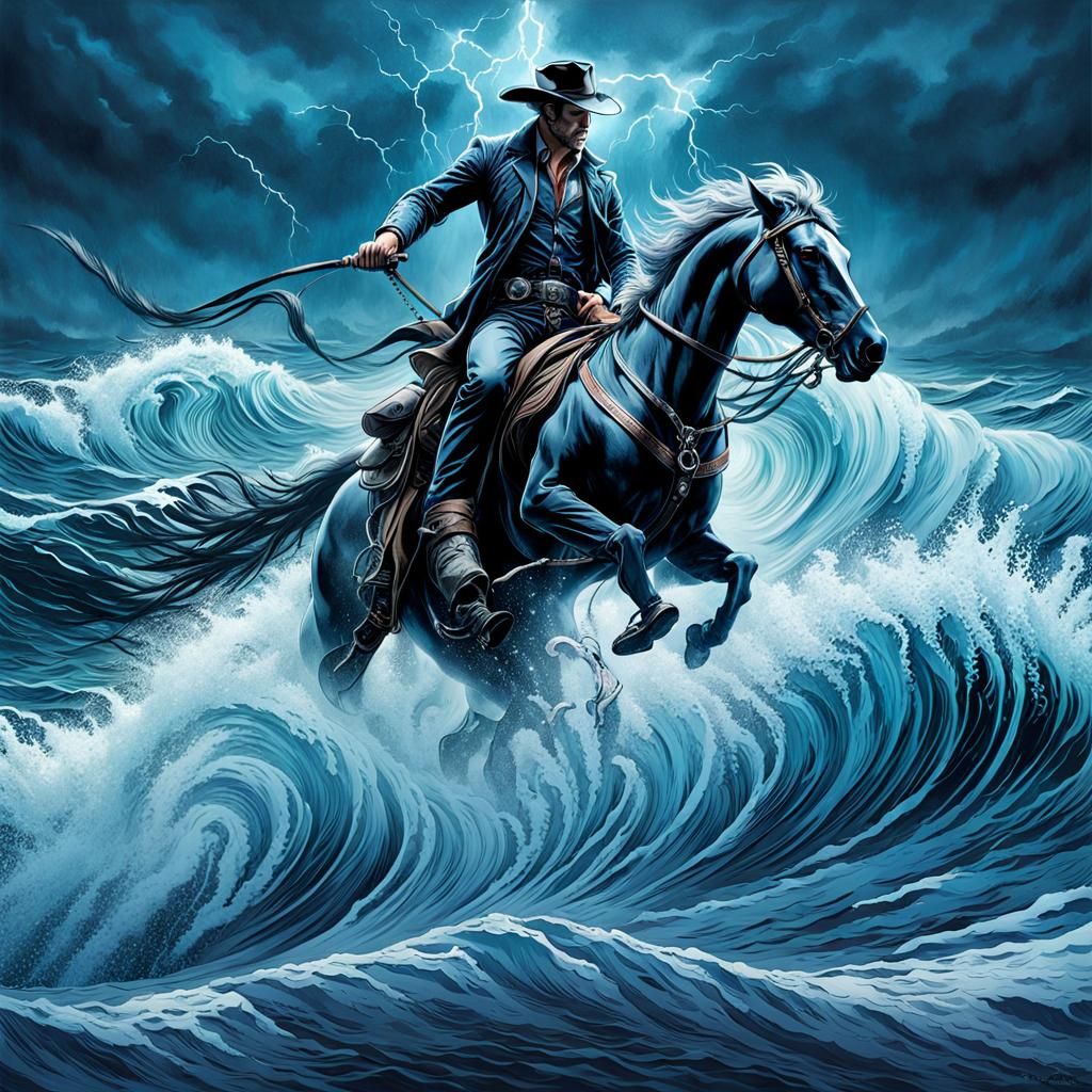Skeleton Cowboy Jumps from Mystical Ocean Waves
