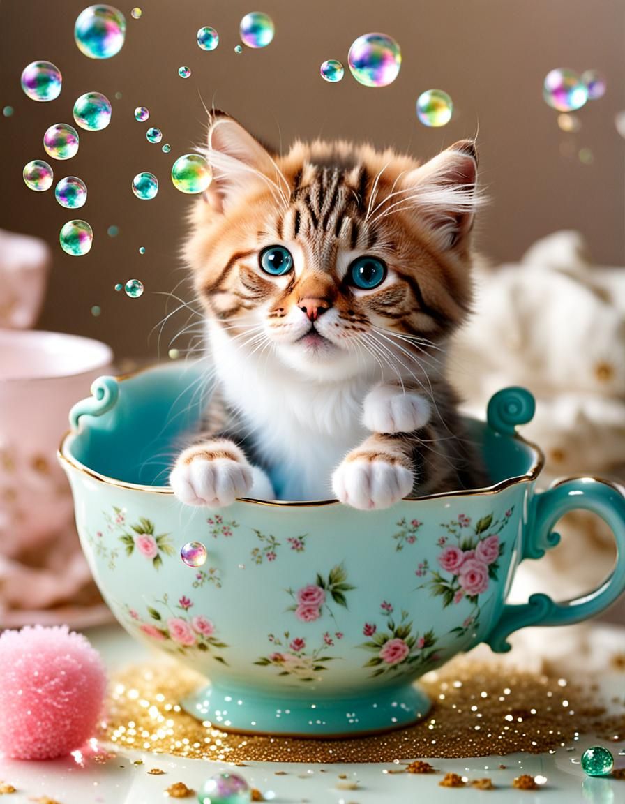 Kitten's Bubble Bath in Teacup with Glitter