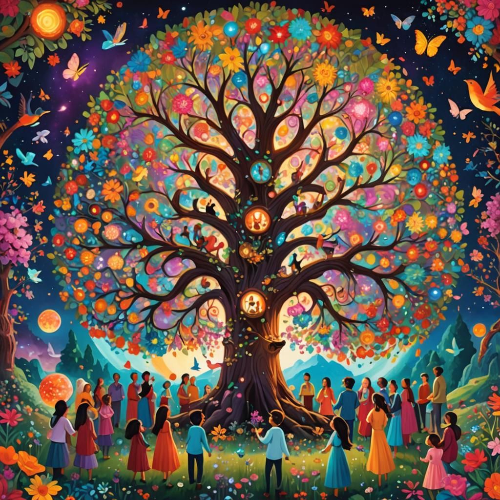 Glowing Tree Gathering in a Kaleidoscopic World