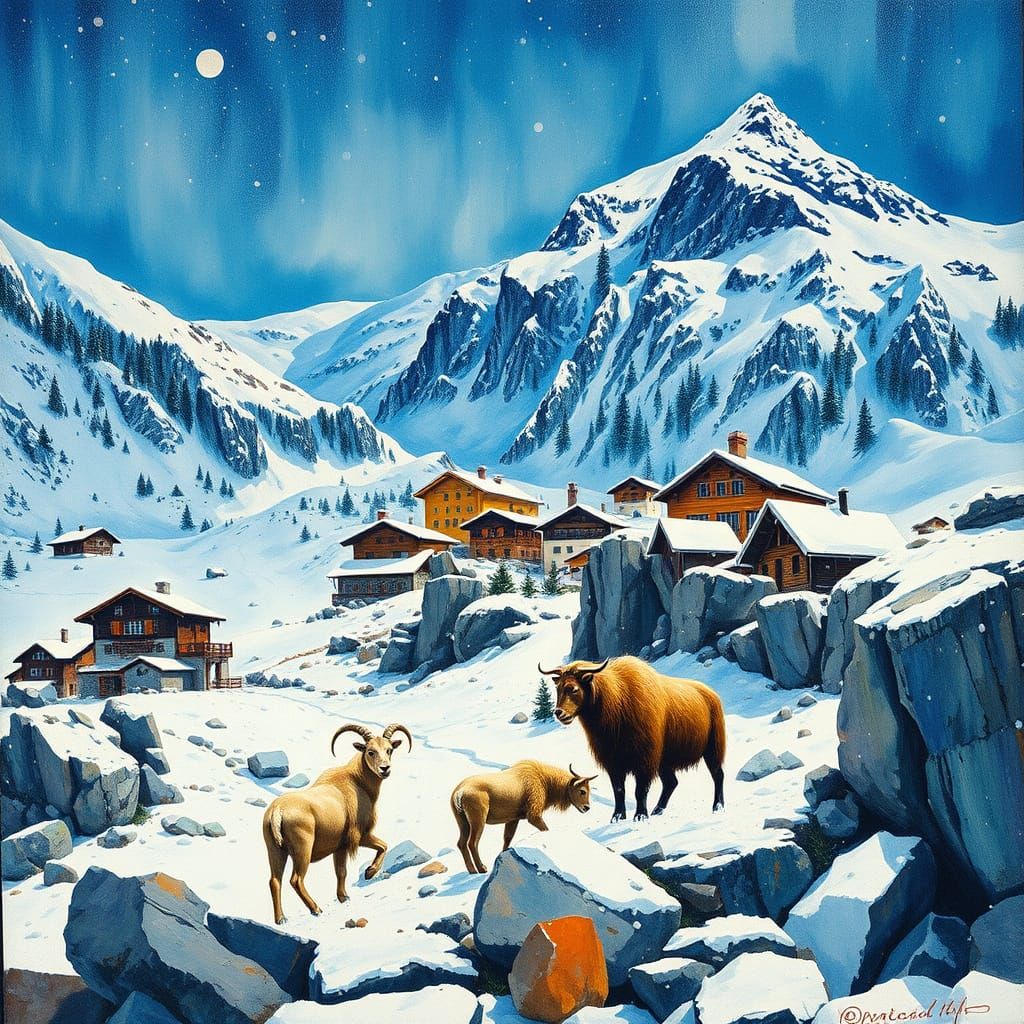 Snowy Swiss Village with Wildlife in Gouache Style