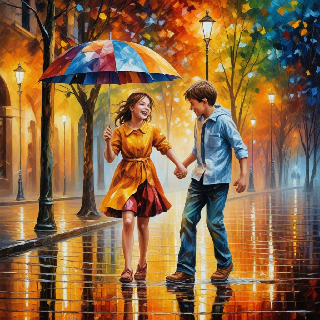 Children Playing in Rainy Splendor