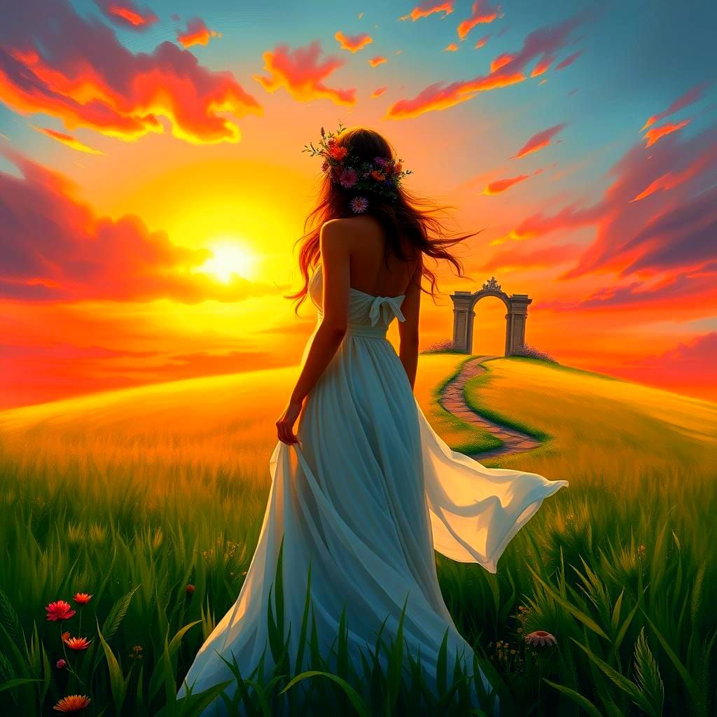 Woman and Pearly Gates in Sunset Field