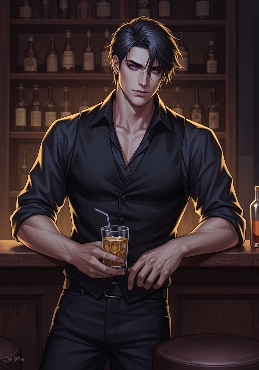 Handsome Bartender with Purple Eyes in Dark Fantasy Style