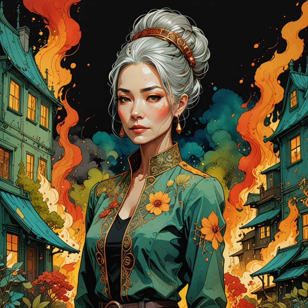 Elegant Administrator in Burning Office, Vibrant Ink Style