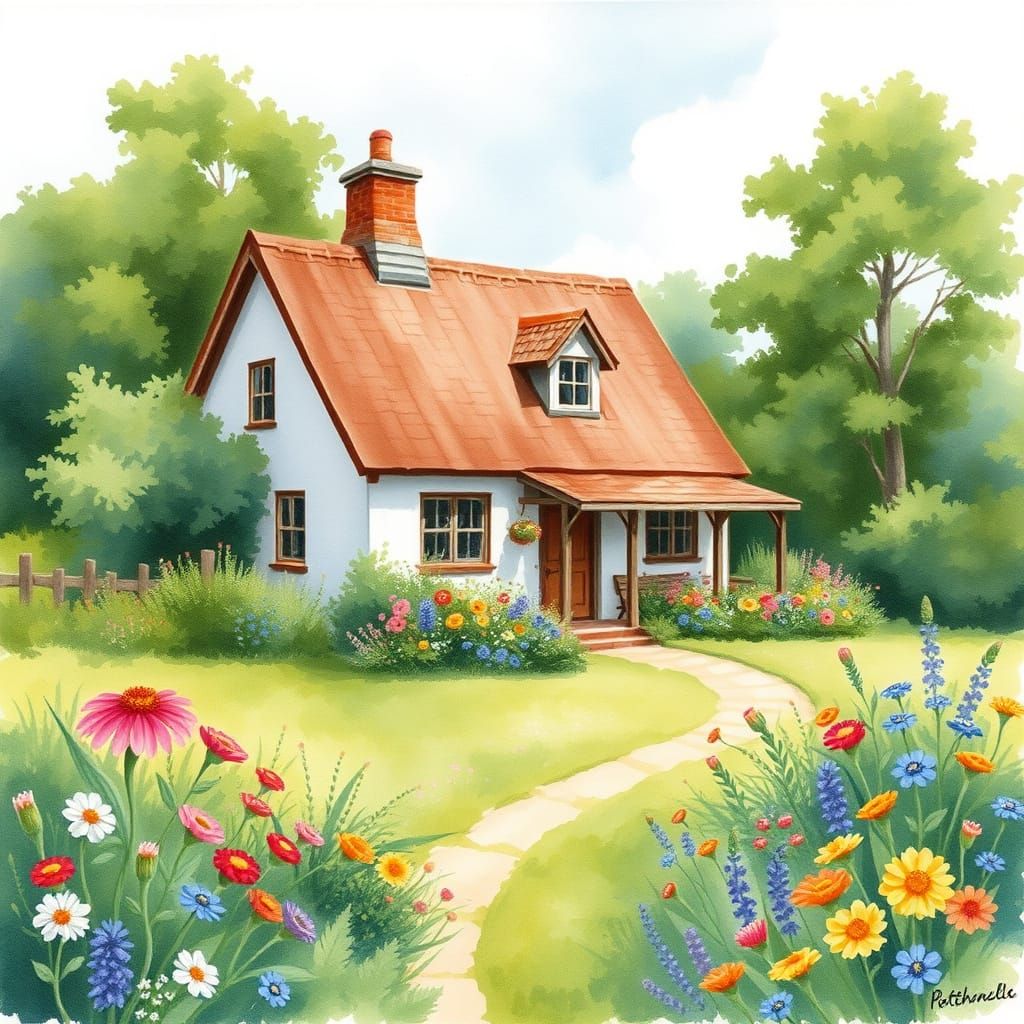 Watercolor Farmhouse Landscape in Impressionist Style