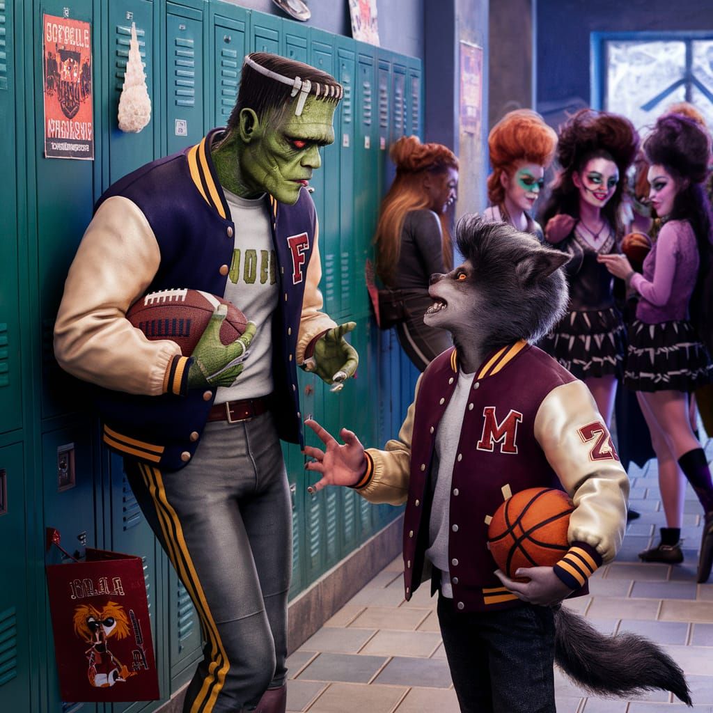 Fantasy High School Hallway with Monster Characters