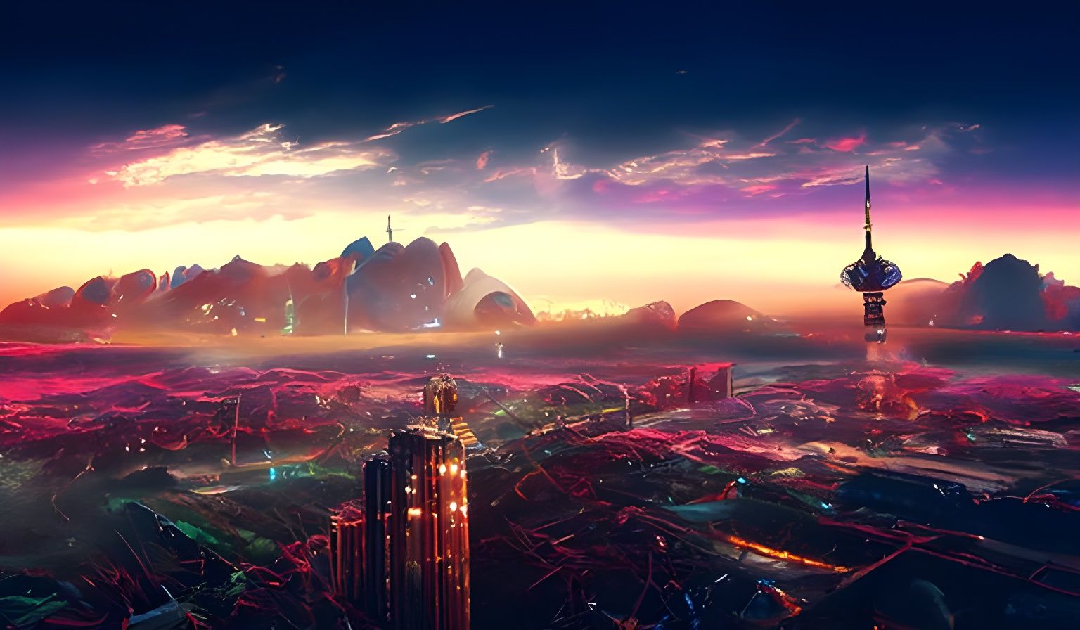 Enchanted Cyberpunk City Panorama in Geometric Style