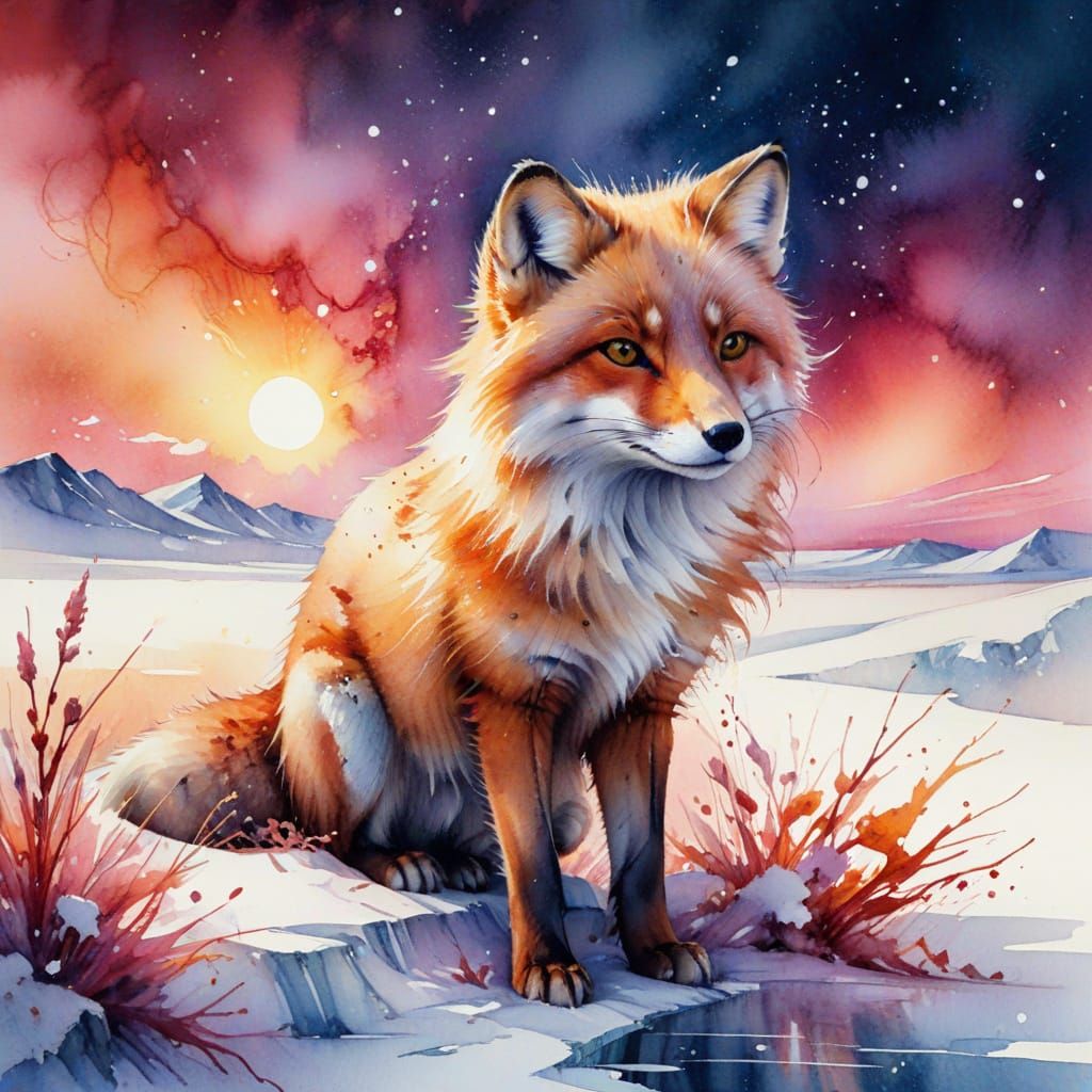 Arctic Fox in Vibrant Winter Sunset