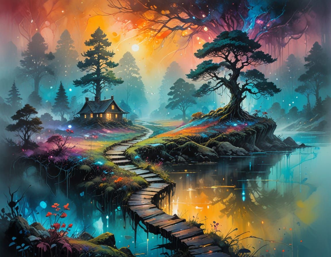 Surreal Forest Path Unfolds to Hidden Watercolor Paradise