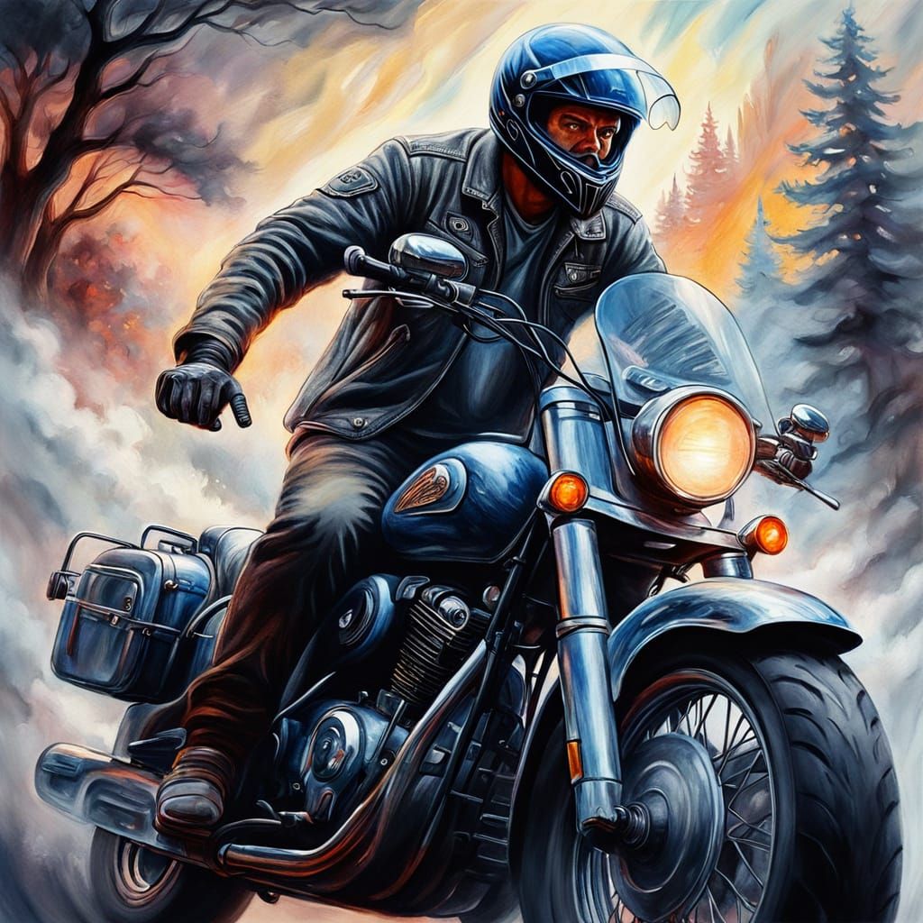 Motorcycle Rider in Ethereal Impasto Gouache Style