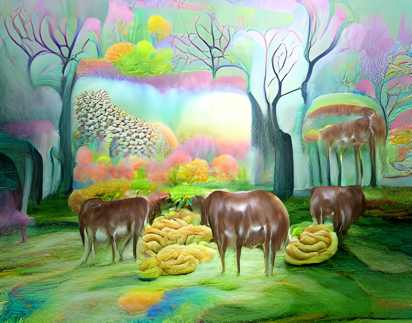 Psychedelic Pastel Autumn Forest with Cows