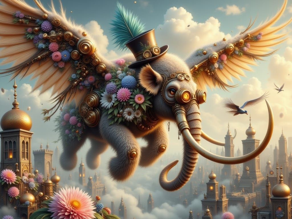 Steampunk Mammoth Soars on Fractal Lace Wings