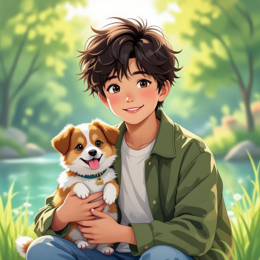 Boy and Pet: Realistic Digital Portrait with Watercolor Text...