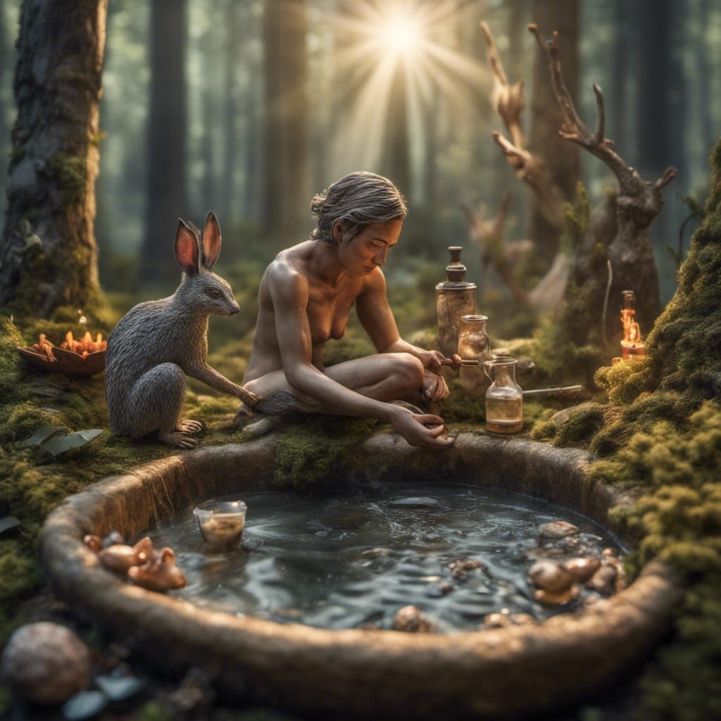 Diorama of Forest Ritual Bath at Sunrise
