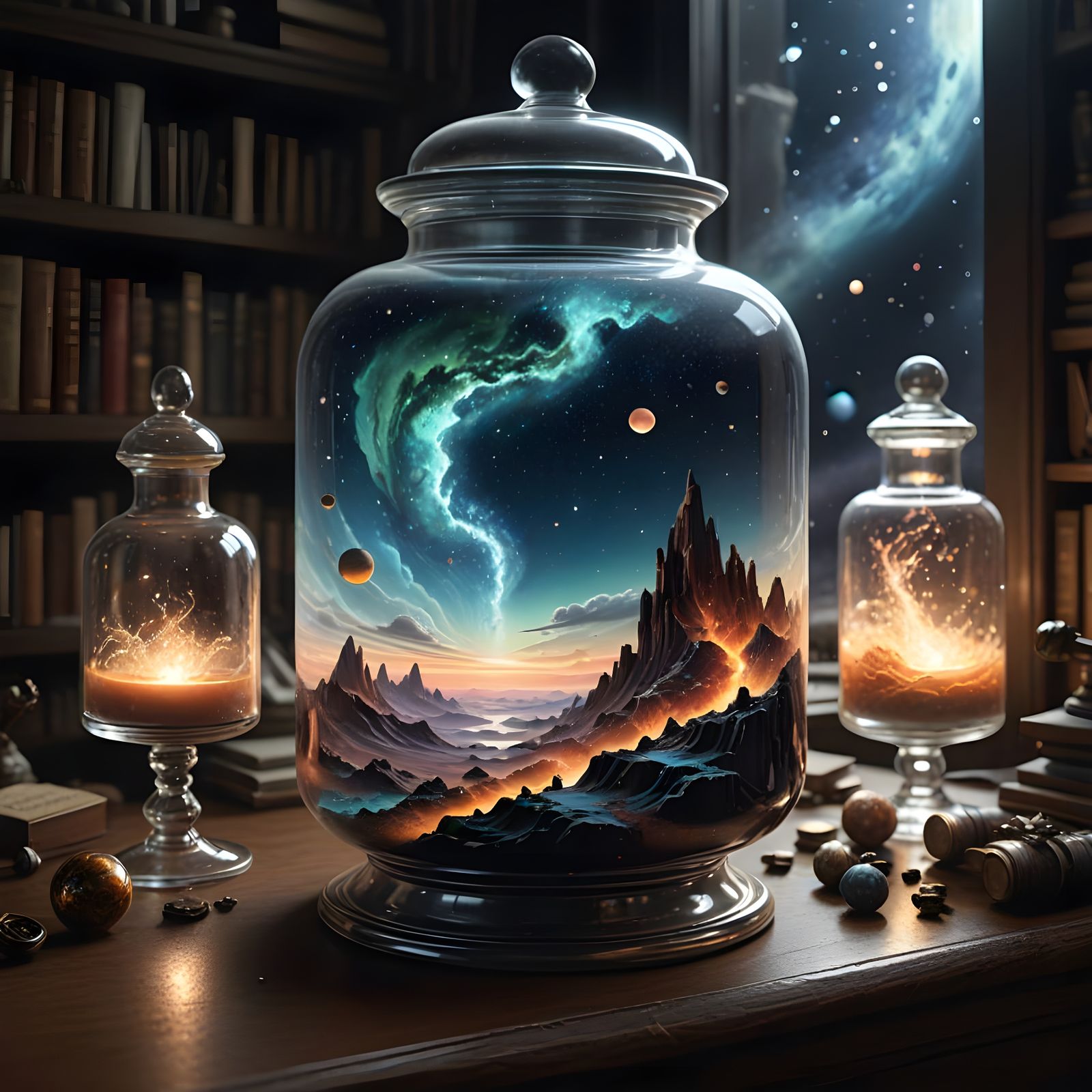 Surreal Cosmic Scene in a Glass Jar