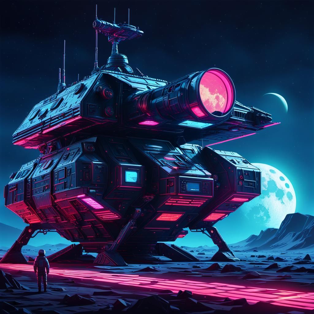 Soviet Spaceships Logging Moon in Synthwave Neon Style