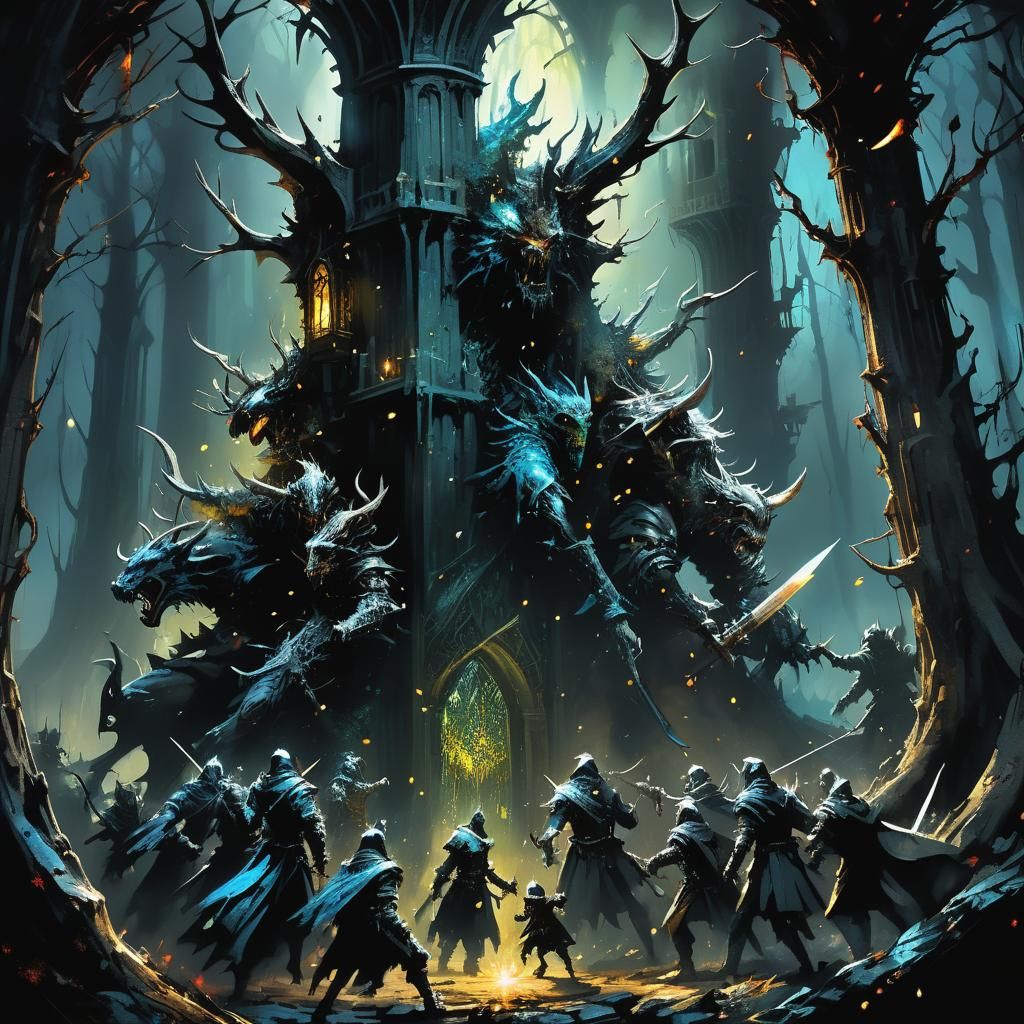 Dark Fantasy Battle in Bioluminescent Forest