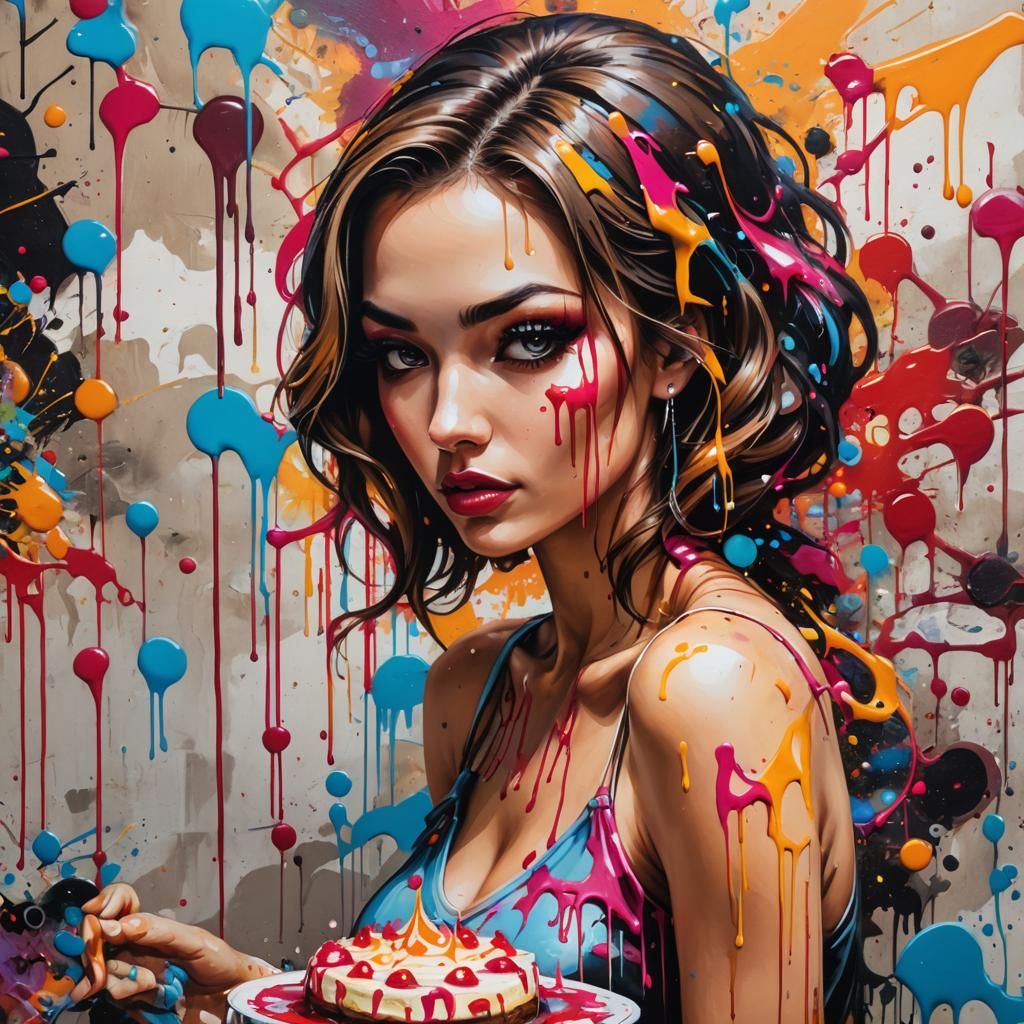 Cheesecake with Girl in Graffiti Art Style