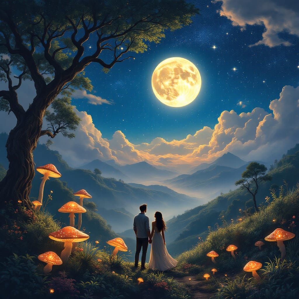 Starry Night Sky with Couple, Matte Painting Style