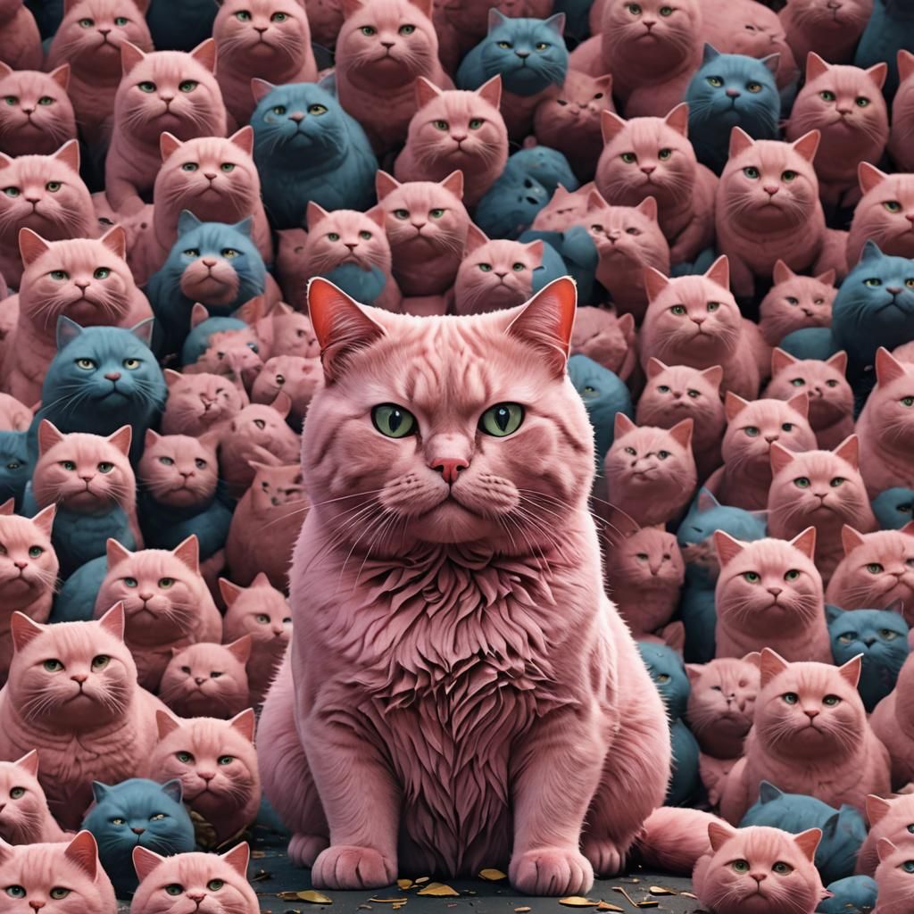 Fat Pink Cat with Big Head Stares Intently