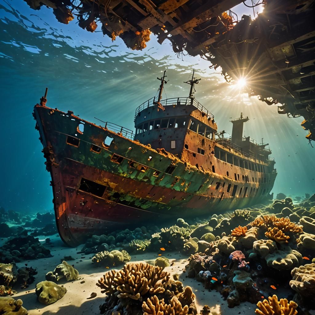 Sunlit Shipwreck Scene Beneath the Ocean