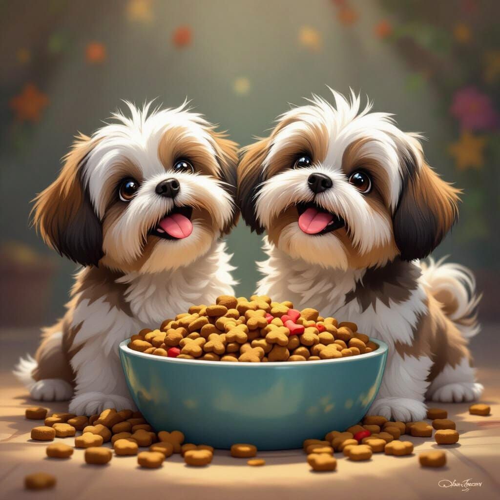 Fluffy Shih Tzus Eager for Treats in Disney Style