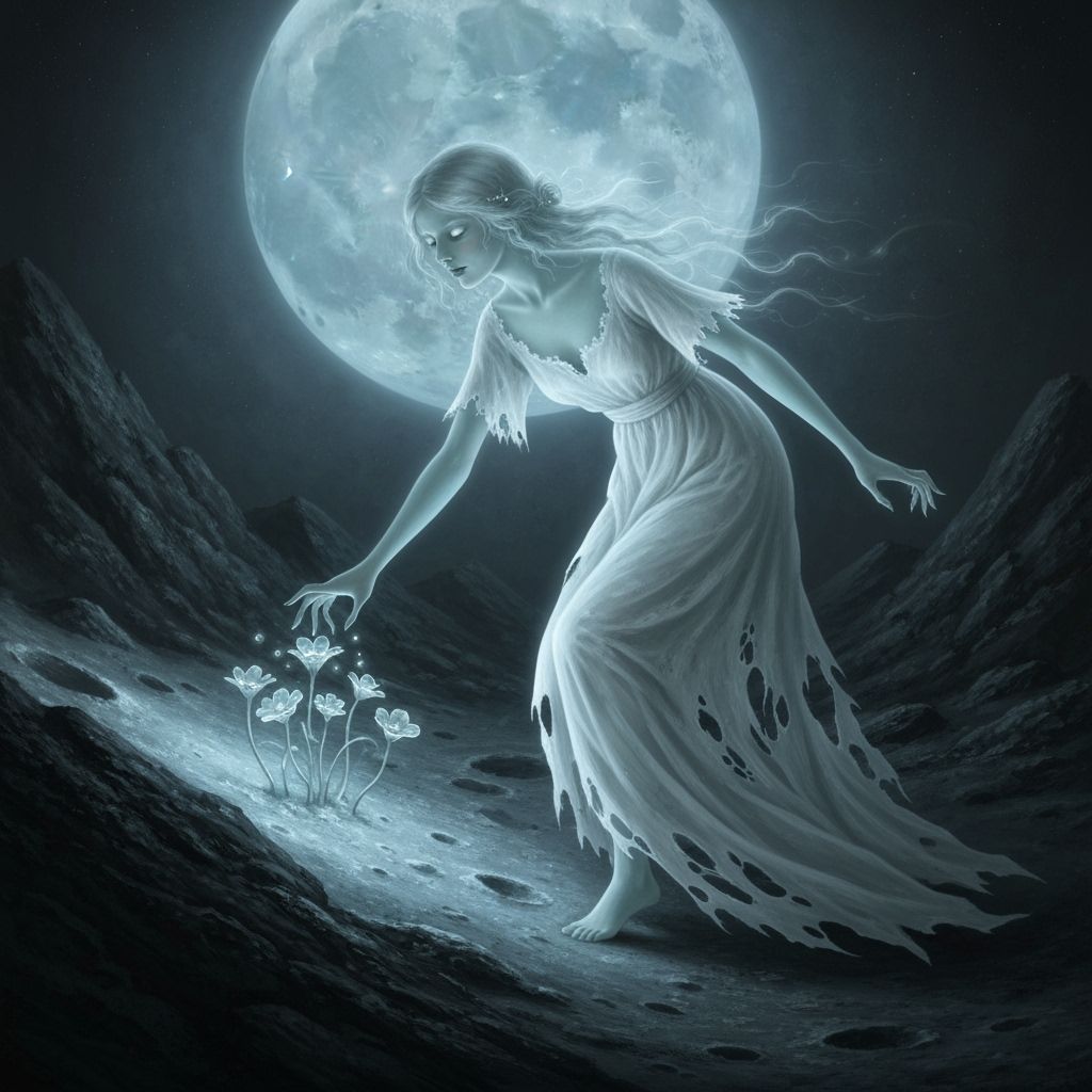 Ethereal Ghost Girl Reaching for Moon Flowers