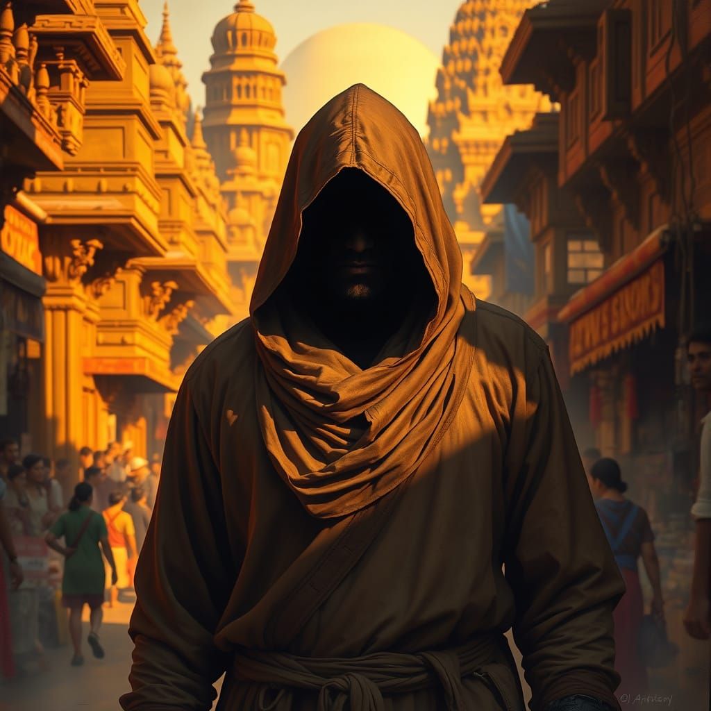 A Cloaked Merchant Walks Through Ancient Vijayanagara