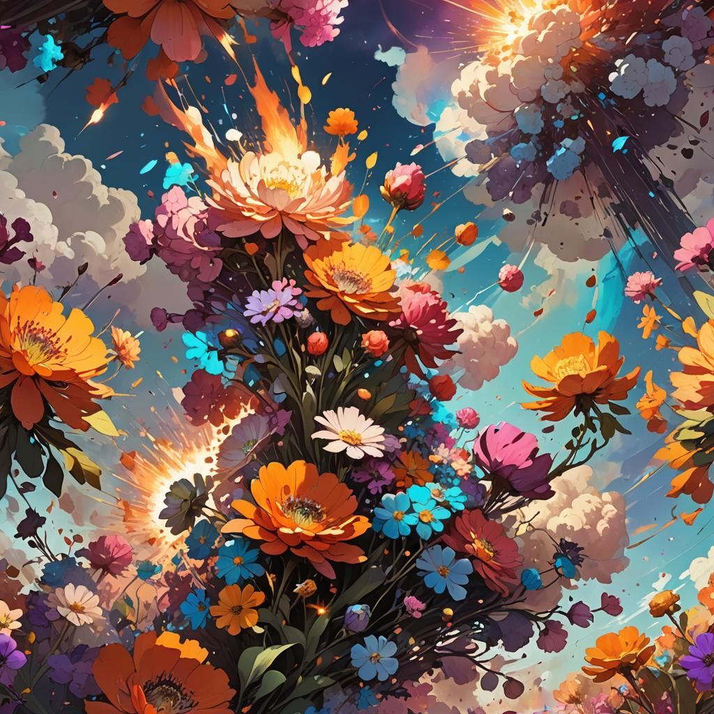 Explosive Floral Display in Ethereal Digital Art Style
