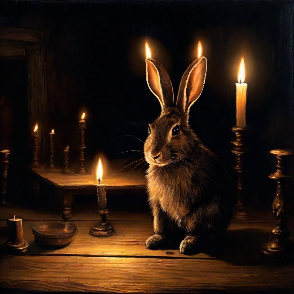 Ominous Rabbit at Candlelit Table: Dark Fantasy