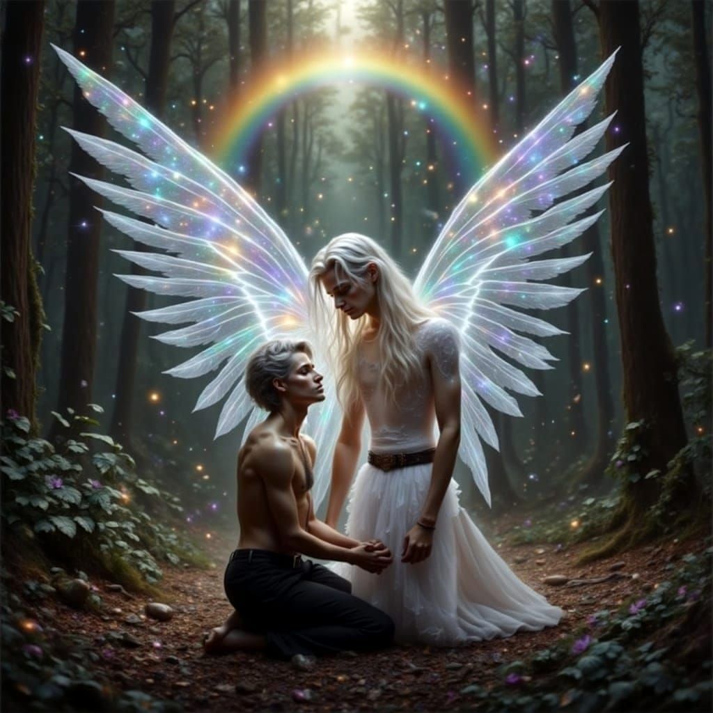 Gothic Angelic Encounter in Whimsical Fantasy Realm