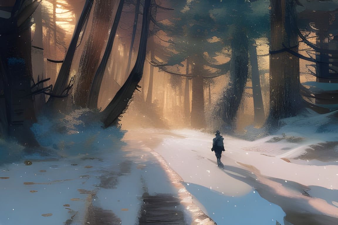 Golden Sunlight on Snowy Forest Path: Anime Art
