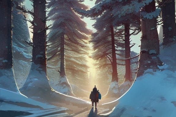 Golden Sunlight on Snowy Forest Path