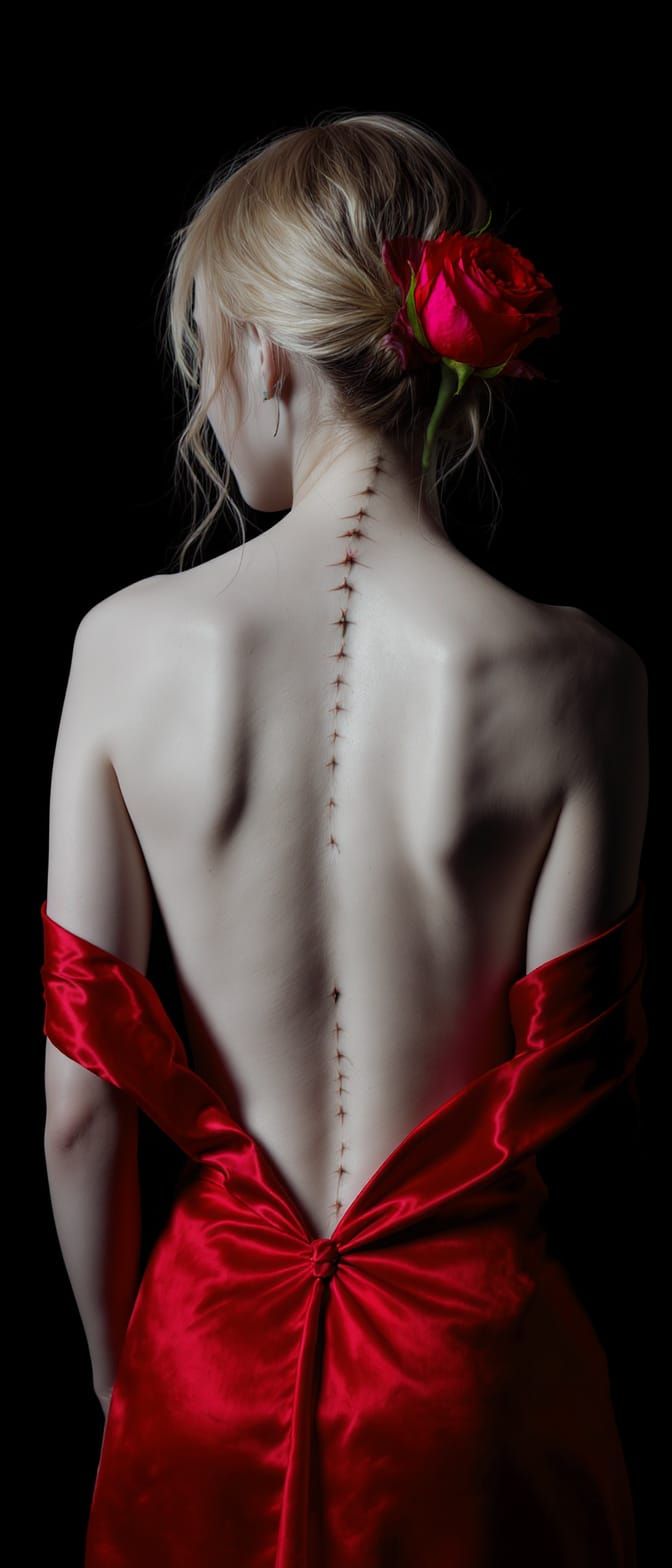 Hyperrealistic Woman with Red Rose on Spine