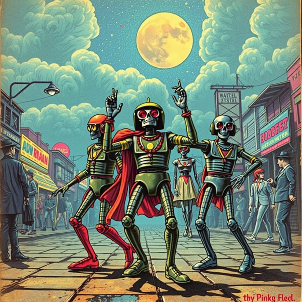 Psychedelic Robot Hippies Dance under Vibrant Stars