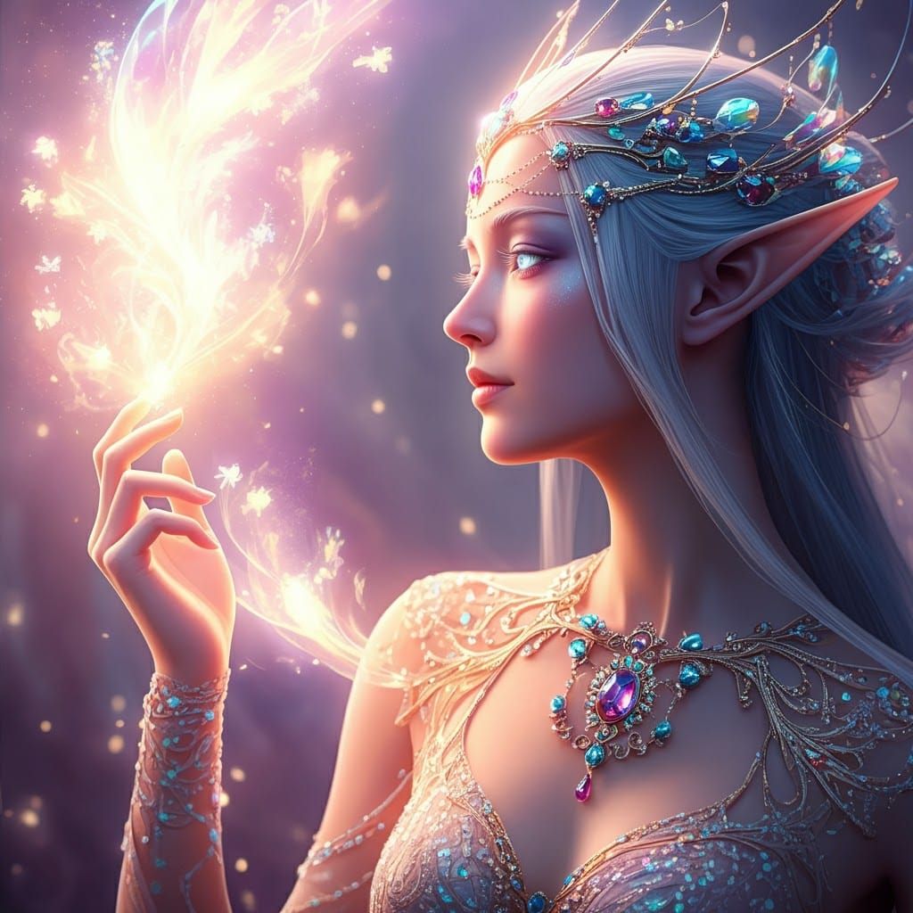 Ethereal Elven Queen with Glowing Sprites