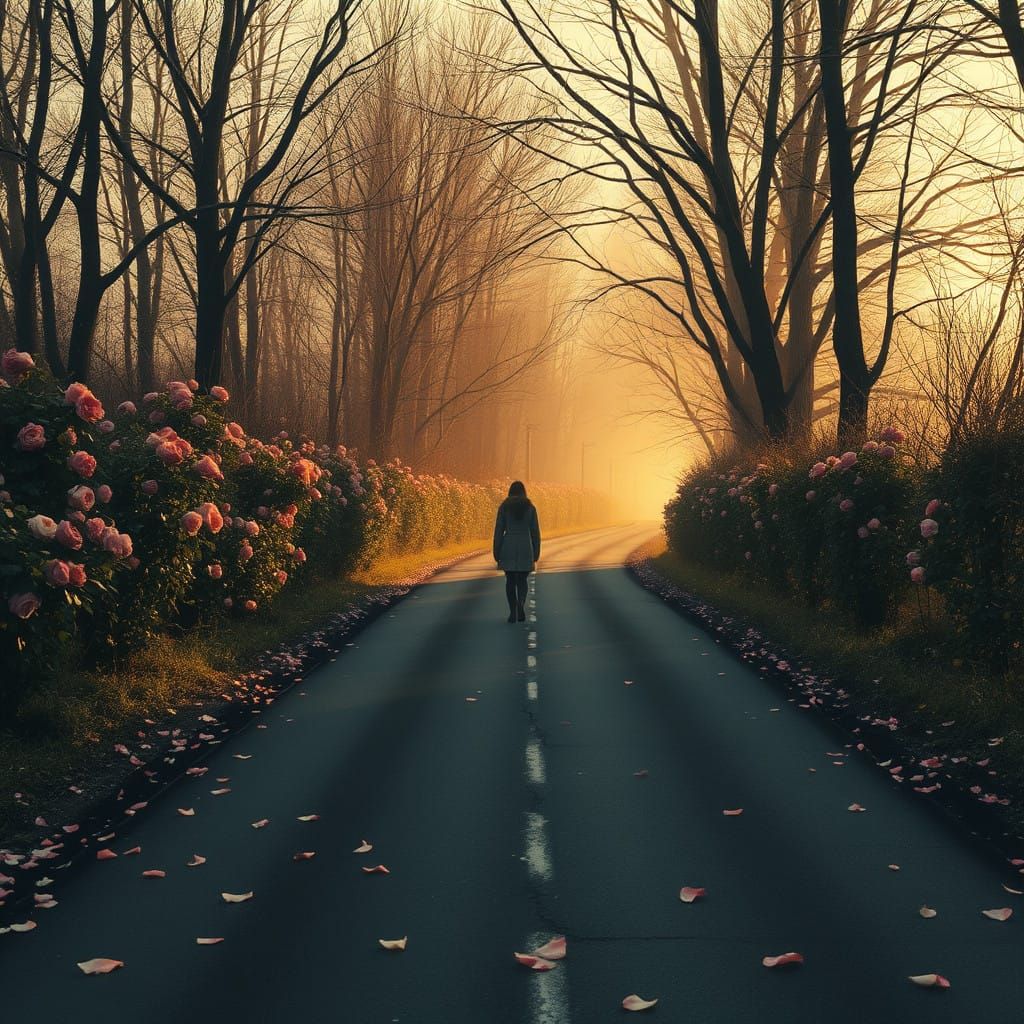 Autumn's Melancholy: A Desolate Road Overgrown with Wilted R...