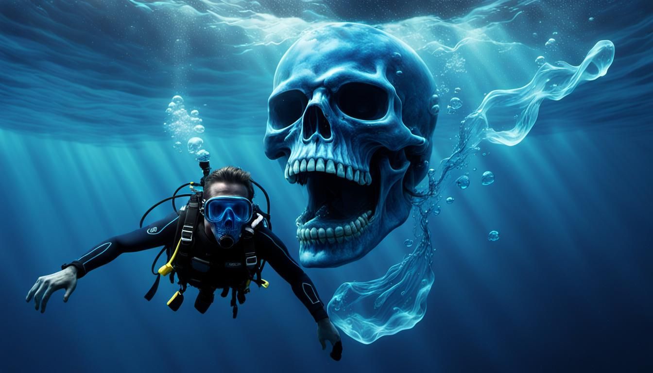 Diver Fleeing Ghostly Skull Underwater: Cinematic Digital Ar...