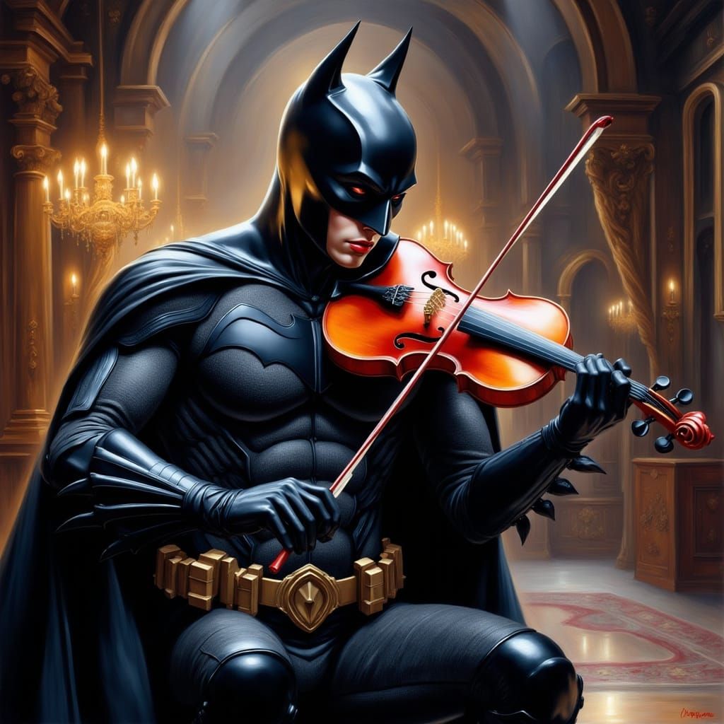Gotham City Vigilante Performs with Violin in Dark Ambiance